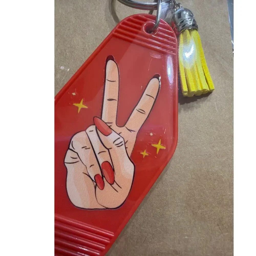 Peace Sign Red & Yellow Tassel Vintage Hotel Motel Keychain Key Chain Handmade